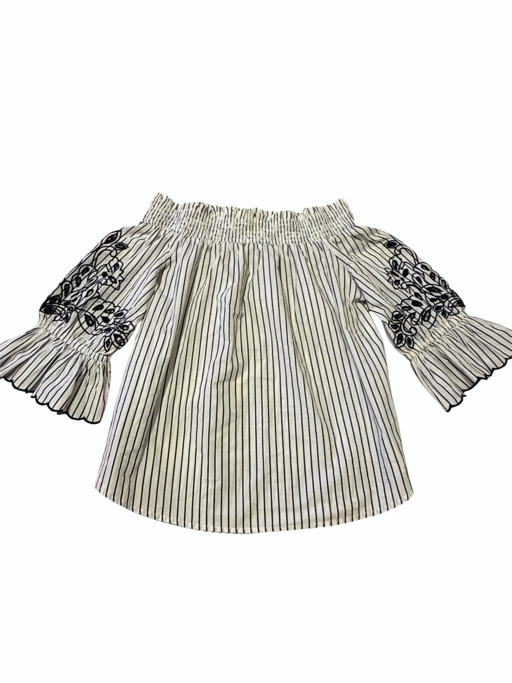 Chico’s White and Navy Striped Off-Shoulder Embroidered blouse